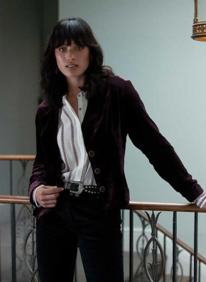 Brora silk velvel jacket in stunning dark plum colour worn with white shirt