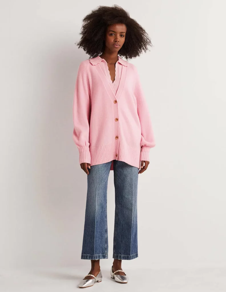 Boden pink long cashmere cardigan can go over narrow pants or leggings