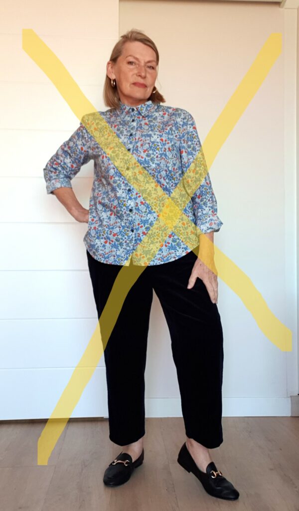 Don't wear a shirt with round hem over wide pants